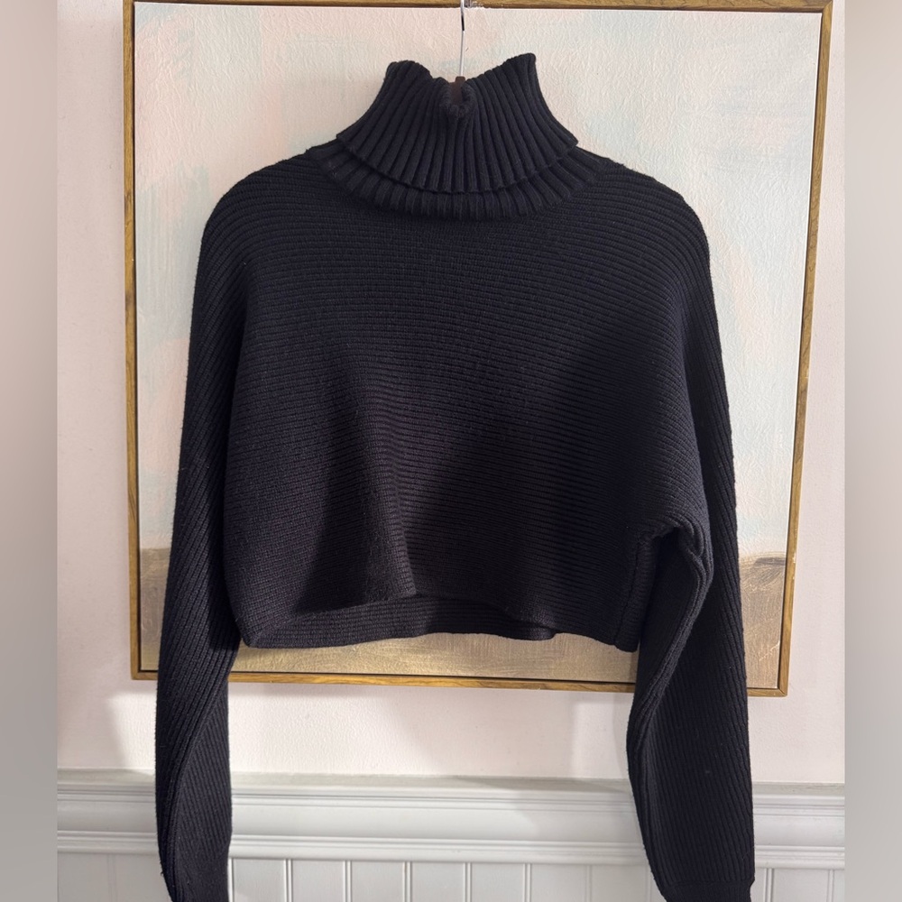House of Harlow 1960 Black Ribbed Cropped Turtleneck Sweater - M - Picture 3 of 7